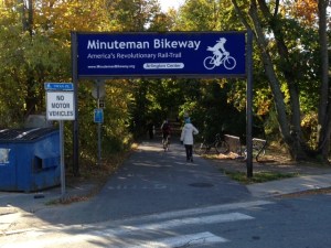 Bikeway at Arlington Center, going to Cambridge MA. The bikeway follows the track of the 19th century railroad used for transporting ice